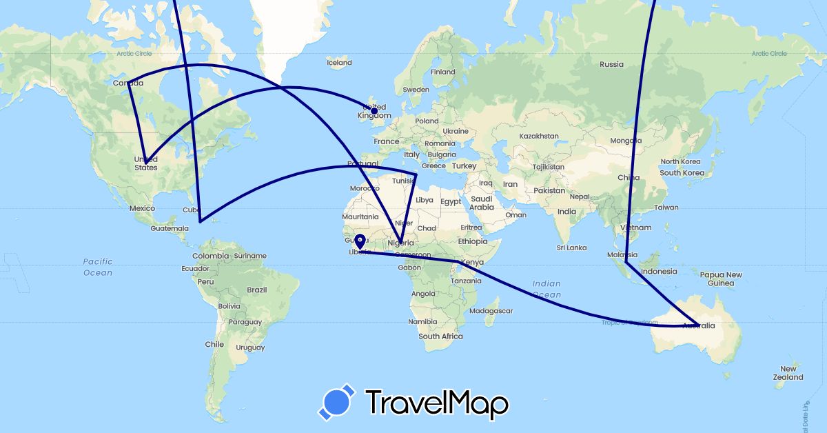 TravelMap itinerary: driving in Australia, Canada, United Kingdom, Jamaica, Liberia, Malta, Nigeria, Singapore, Uganda, United States (Africa, Asia, Europe, North America, Oceania)